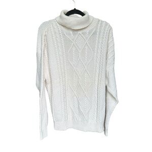 Vintage‎ 90s Fisherman Style Cable Knit Turtleneck Sweater Ivory Cotton USA L